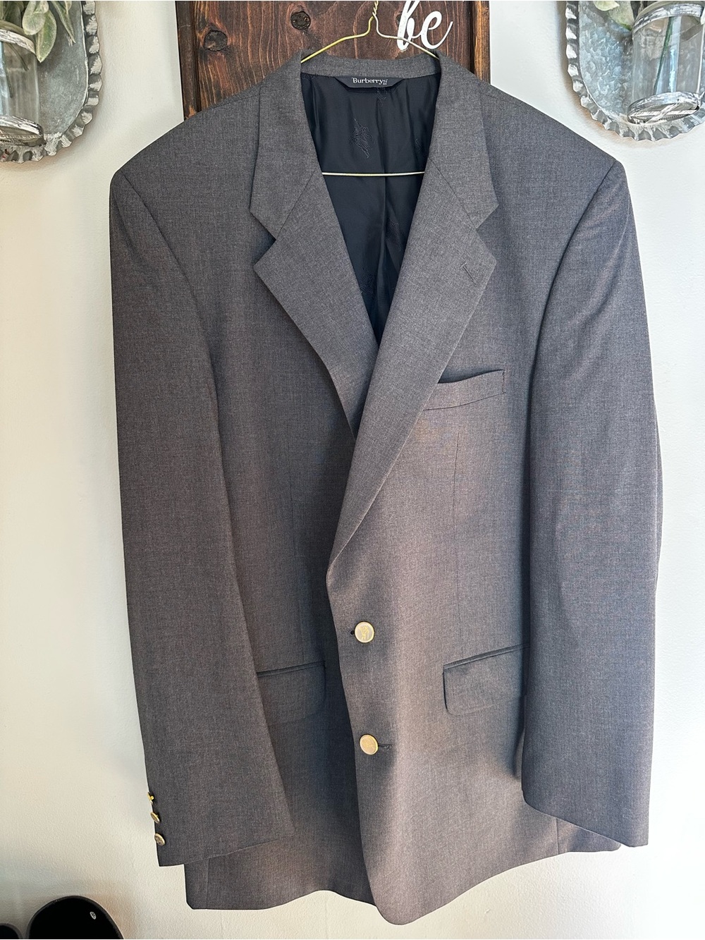 Vintage Burberrys Mens Gray Wool Blazer Jacket Gold Crest Buttons Super 100s